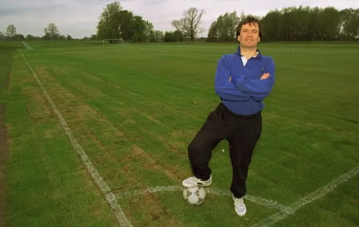 Framed Print : John Edwards Daily Mirror reporter tries out the football pitch at Mottram Hall Hotel in Framed Print : John Edwards Daily Mirror reporter tries out the football pitch at Mottram Hall Hotel in