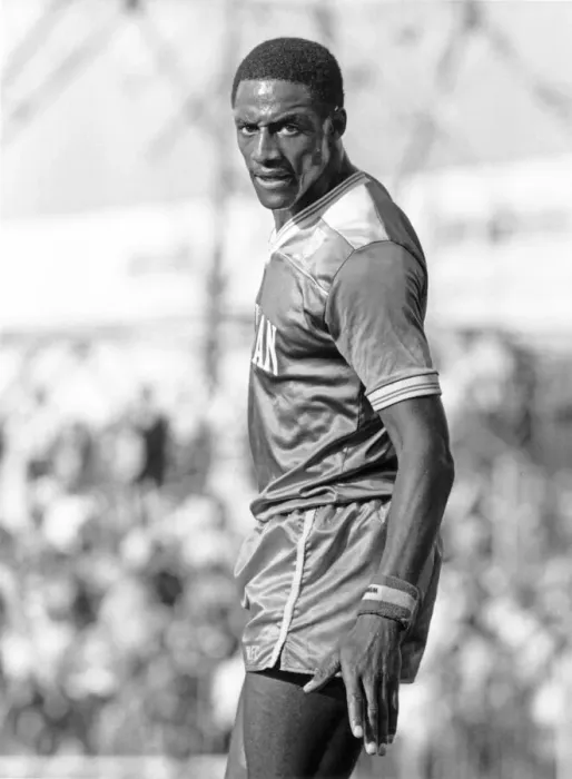 Framed Print : John Fashanu, stared at the photographer, during the Wimbledon at home against Liverpool Framed Print : John Fashanu, stared at the photographer, during the Wimbledon at home against Liverpool