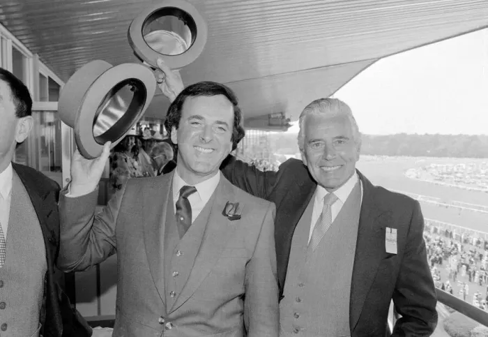 Framed Print : John Forsyth with terry Wogan at Ascot horse race June 1985