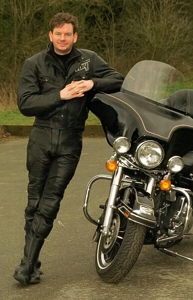John Gordon Sinclair actor beside his Harley Davidson Electra Glide motorcycle