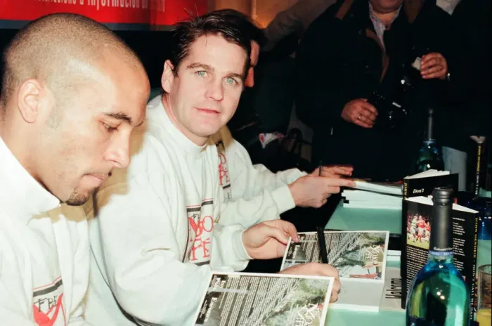 Framed Print : John Hendrie, Middlesbrough Football Player 1990-1996, pictured signing copies of his Framed Print : John Hendrie, Middlesbrough Football Player 1990-1996, pictured signing copies of his