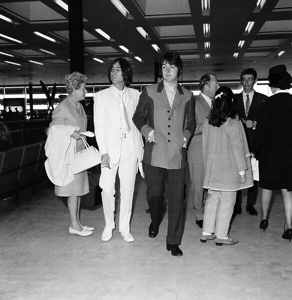 John Lennon and Paul McCartney of The Beatles at London Airport, 11 May 1968