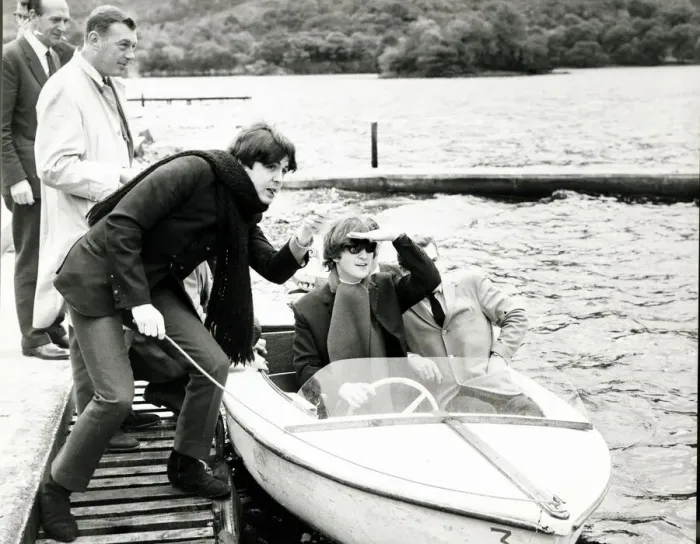Framed Print : John Lennon and Paul McCartney of The Beatles pop group on a boat at their hideaway in St Framed Print : John Lennon and Paul McCartney of The Beatles pop group on a boat at their hideaway in St