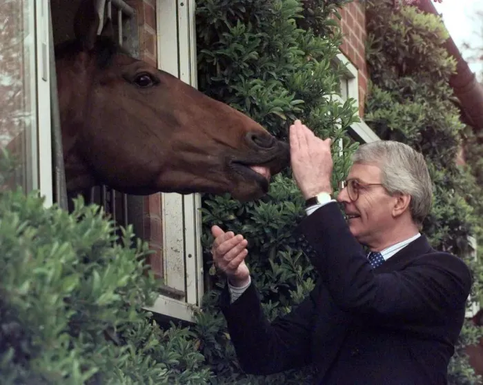 Framed Print : John Major gets it straight from the horses mouth during a election visit to the National Framed Print : John Major gets it straight from the horses mouth during a election visit to the National