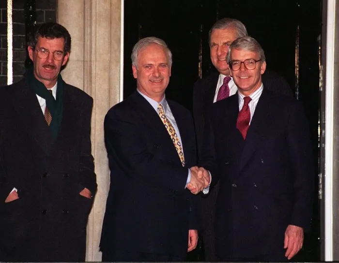 Framed Print : John Major and John Bruton shake hands outside Downing Street after coming to agreement Framed Print : John Major and John Bruton shake hands outside Downing Street after coming to agreement