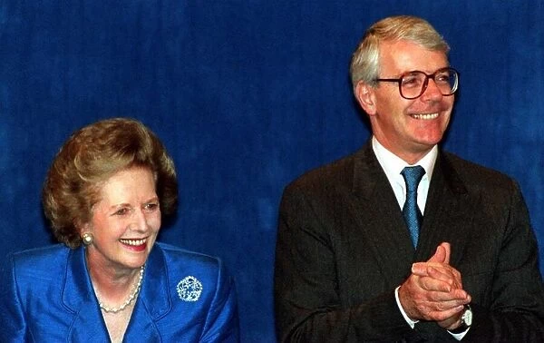 John Major MP and Baroness Margaret Thatcher on the podium at the Conservative Party