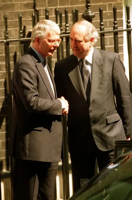 Framed Print : John Major with MP Brian Mawhinney on his last day as Prime Minister outside 10 Downing