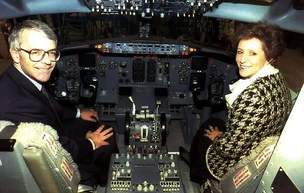 John Major MP in the cockpit of a British Midland Boeing 737 during their visit to