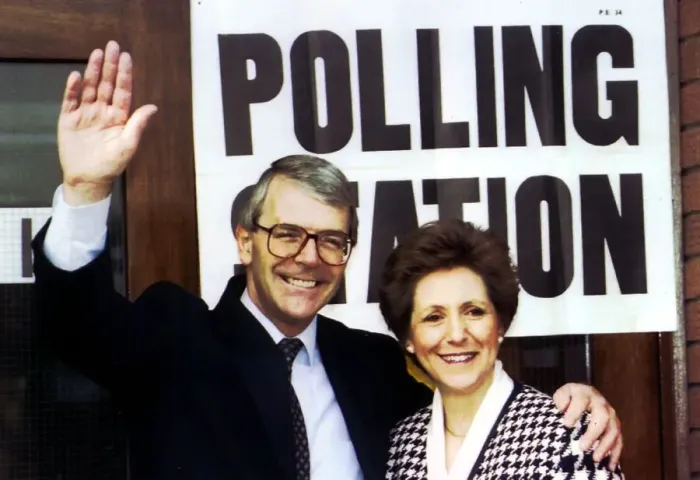 Framed Print : John Major MP with wife at the polling station in his constituency of Huntingdon to cast Framed Print : John Major MP with wife at the polling station in his constituency of Huntingdon to cast