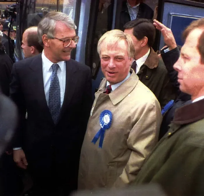Framed Print : John Major Prime Minister with Chris Patten in Bath where eggs were thrown at them