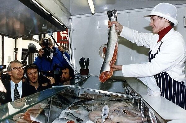 John Major Prime Minister at a fish stall in St Ives during 1992 electioneering