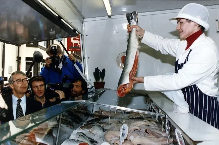 Framed Print : John Major Prime Minister at a fish stall in St Ives during 1992 electioneering Framed Print : John Major Prime Minister at a fish stall in St Ives during 1992 electioneering
