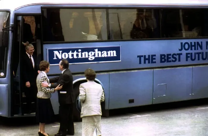 Framed Print : John Major Prime Minister gets off Egg Splattered Bus during the 1992 Election Framed Print : John Major Prime Minister gets off Egg Splattered Bus during the 1992 Election