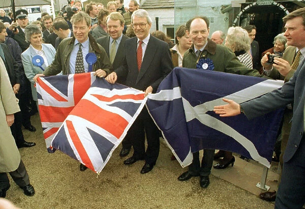 John Major Prime Minister with Ian Lang and Michael Forsyth in Gretna Green waving Union