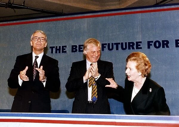 John Major Prime Minister and former Prime Minister Margaret Thatcher with Chris Patten