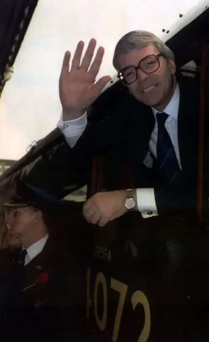 Framed Print : John Major seen here on the footplate of a steam train Framed Print : John Major seen here on the footplate of a steam train