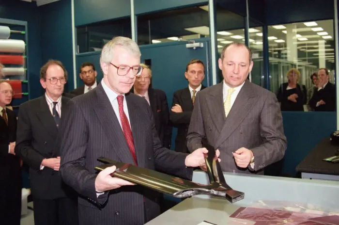 Framed Print : John Major visiting the headquarters of McLaren motor racing team during the general Framed Print : John Major visiting the headquarters of McLaren motor racing team during the general