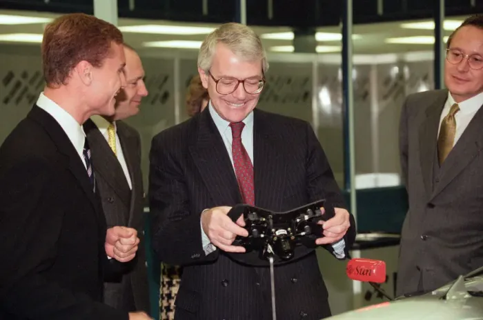 Framed Print : John Major visiting the headquarters of McLaren motor racing team during the general Framed Print : John Major visiting the headquarters of McLaren motor racing team during the general