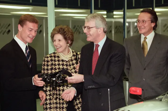 Framed Print : John Major and wife Norma visiting the headquarters of McLaren motor racing team during Framed Print : John Major and wife Norma visiting the headquarters of McLaren motor racing team during