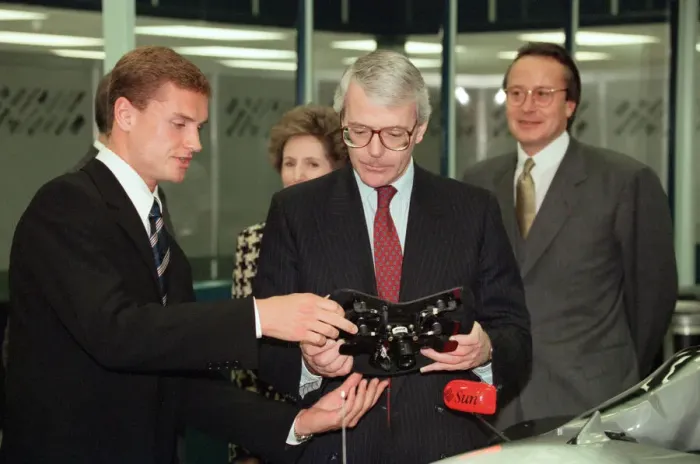Framed Print : John Major and wife Norma visiting the headquarters of McLaren motor racing team during Framed Print : John Major and wife Norma visiting the headquarters of McLaren motor racing team during