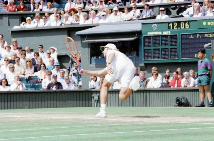Framed Print : John McEnroe v Andre Agassi, Wimbledon Mens Semi-Final, Lawn Tennis Club, Wimbledon Framed Print : John McEnroe v Andre Agassi, Wimbledon Mens Semi-Final, Lawn Tennis Club, Wimbledon