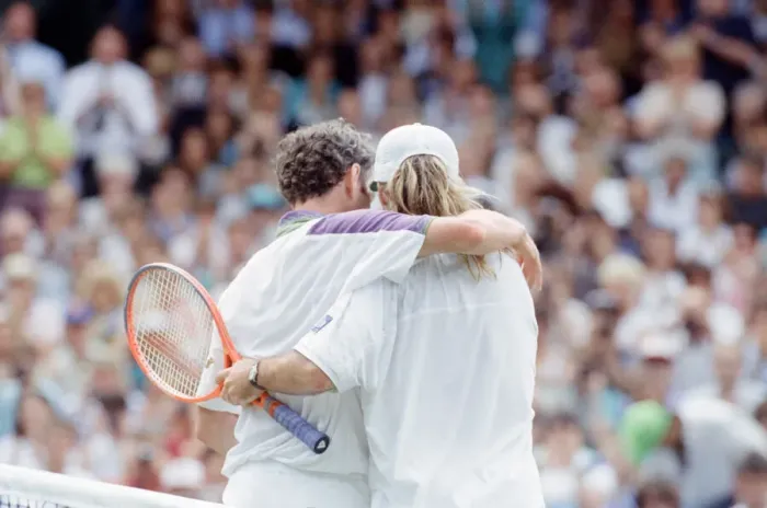 Framed Print : John McEnroe v Andre Agassi, Wimbledon Mens Semi-Final, Lawn Tennis Club, Wimbledon Framed Print : John McEnroe v Andre Agassi, Wimbledon Mens Semi-Final, Lawn Tennis Club, Wimbledon