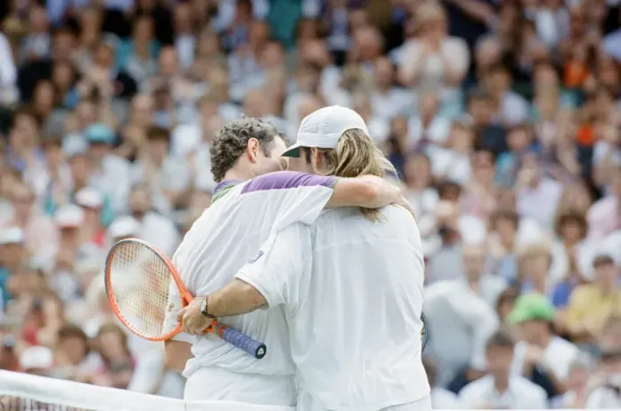 Framed Print : John McEnroe v Andre Agassi, Wimbledon Mens Semi-Final, Lawn Tennis Club, Wimbledon Framed Print : John McEnroe v Andre Agassi, Wimbledon Mens Semi-Final, Lawn Tennis Club, Wimbledon