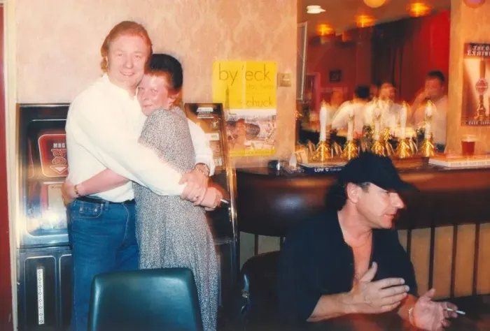 Framed Print : John Miles (left) singer / guitarist and Brian Johnson (right Framed Print : John Miles (left) singer / guitarist and Brian Johnson (right