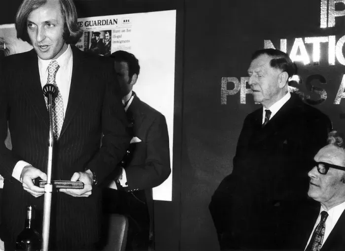 Framed Print : John Pilger journalist at the IPC Awards Savoy Hotel receiving award from Lord
