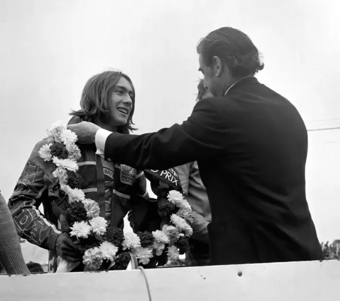 Framed Print : John Player British Grand Paix, Silverstone. Ron Haslam being presented with Framed Print : John Player British Grand Paix, Silverstone. Ron Haslam being presented with