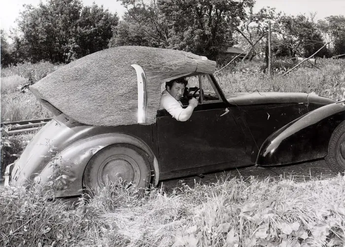 Framed Print : John Porter, a thatcher by trade, has made a thatched roof for his 1949 Allard which he Framed Print : John Porter, a thatcher by trade, has made a thatched roof for his 1949 Allard which he