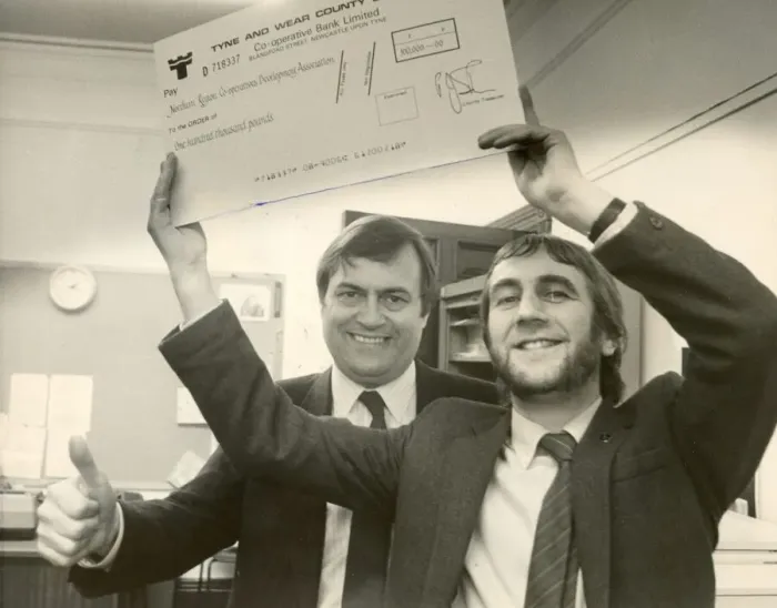 Framed Print : John Prescott hands over a cheques from Tyne Wear County Council to Norman Watson of Framed Print : John Prescott hands over a cheques from Tyne Wear County Council to Norman Watson of