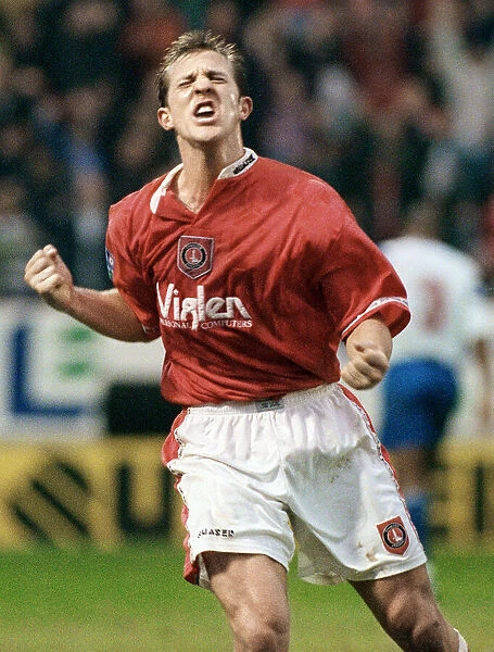 John Robinson celebrates scoring a goal for Charlton Athletic. 10th March 1997