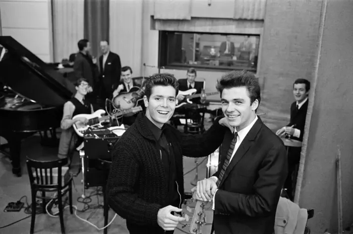 Framed Print : John Rostill (right) at the EMI Studios at St Johns Wood Framed Print : John Rostill (right) at the EMI Studios at St Johns Wood