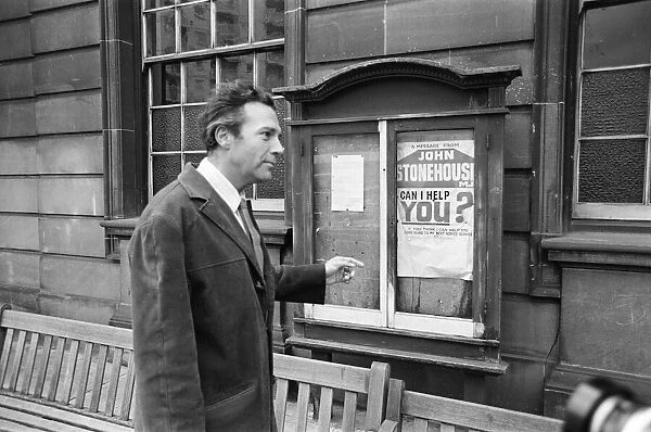 John Stonehouse Postmaster General and MP for West Bromwich outside post office in at