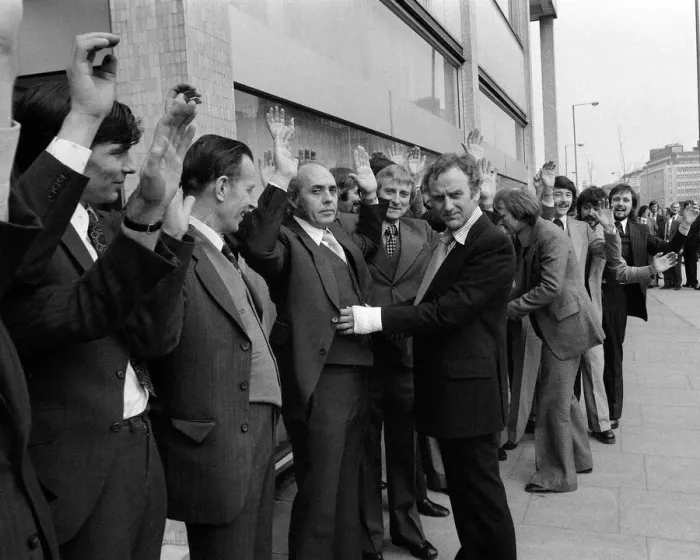 Framed Print : John Thaw March 1976 (Foreground) And Dennis Waterman Frisk Fift six men outside