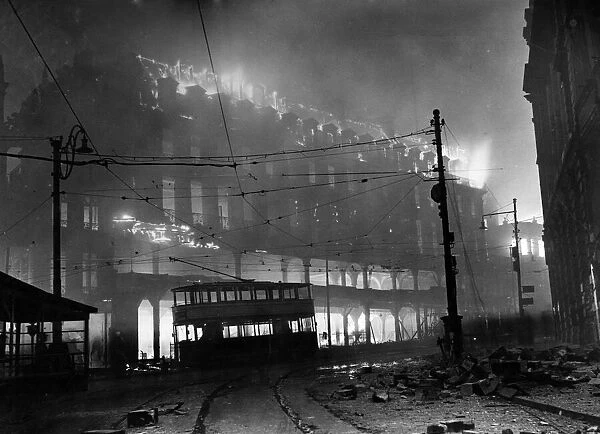 John Walsh department store, High Street, Sheffield, blazing during the raid