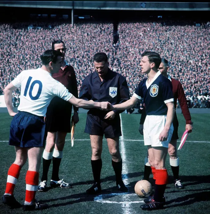 Framed Print : Johnny Haynes Football Scotland V England shaking hands with Eric Caldow April 1962 Framed Print : Johnny Haynes Football Scotland V England shaking hands with Eric Caldow April 1962