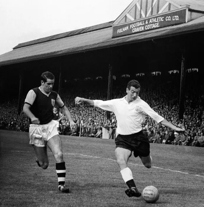 Framed Print : Johnny Haynes of Fulham in action against Burmely during their League division one match Framed Print : Johnny Haynes of Fulham in action against Burmely during their League division one match