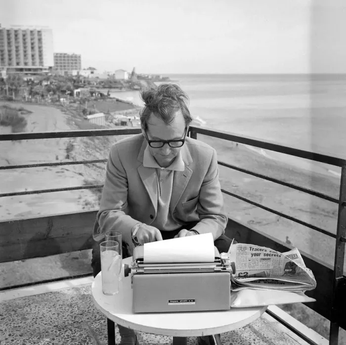 Framed Print : Johnny Speight TV Script Writer - on Spains Costa del Sol sitting at a table Framed Print : Johnny Speight TV Script Writer - on Spains Costa del Sol sitting at a table