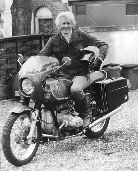 Jon Pertwee actor sitting on BMW motor cycle - April 1977 18  /  04  /  1977