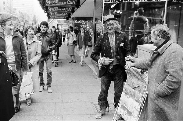 Jon Pertwee as Worzel Gummidge pictured out and about, dressed in character