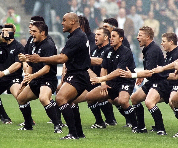 Jonah Lomu of New Zealand leads the Haka Oct 1999 prior to their match against