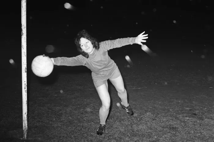 Framed Print : Josie Costello, 37 years old, who has been chosen as goalkeeper for her local ladies