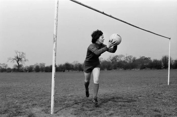 Framed Print : Josie Costello, 37 years old, who has been chosen as goalkeeper for her local ladies