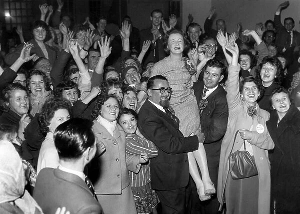 Jubilant Barbara Castle after hearing that her slim majority at Blackburn had been