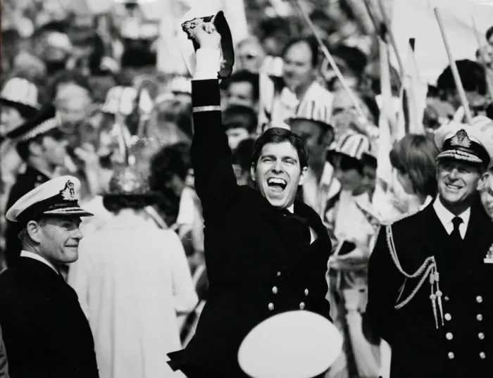 Framed Print : Jubilant Prince Andrew ashore with proud father Prince Philip after the carrier HMS