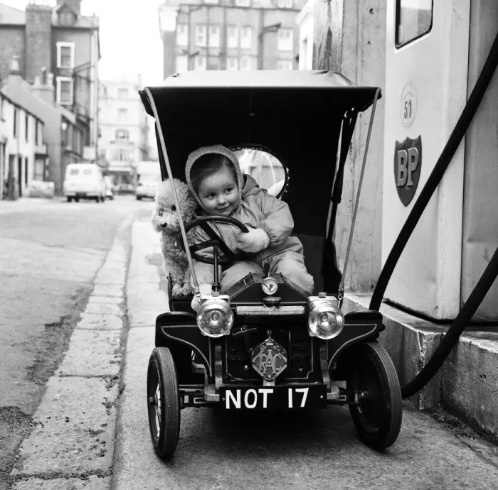 Framed Print : Judy Oliver in her vintage baby car. 1st March 1964 Framed Print : Judy Oliver in her vintage baby car. 1st March 1964