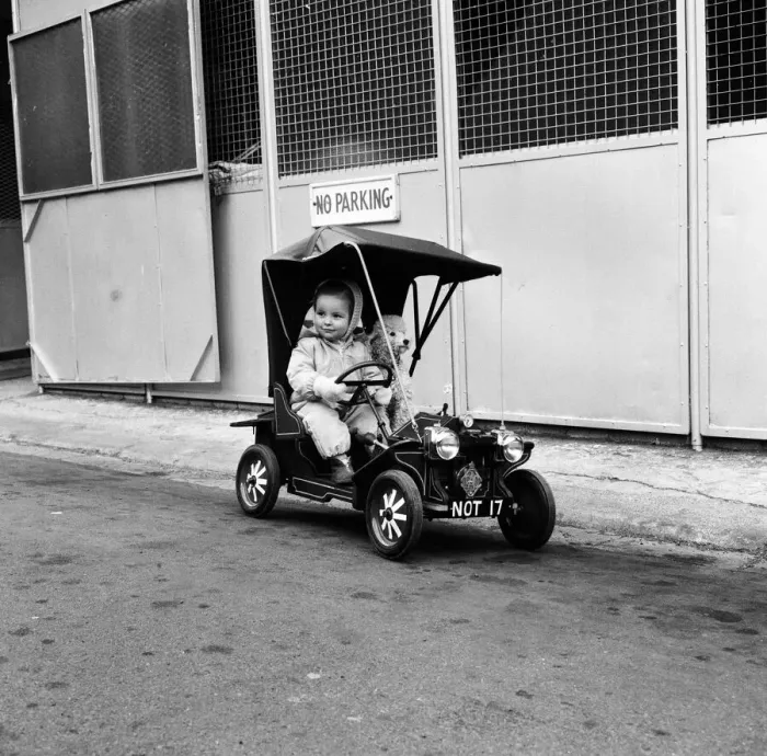 Framed Print : Judy Oliver in her vintage baby car. 1st March 1964 Framed Print : Judy Oliver in her vintage baby car. 1st March 1964