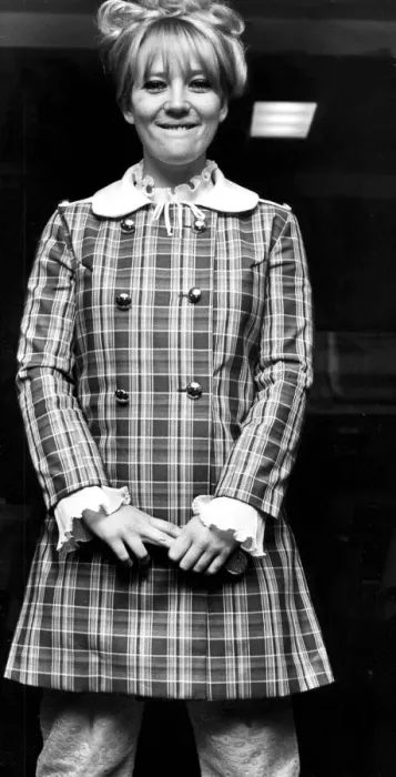 Framed Print : Julia Foster wearing bold check mini dress over trousers - 19th March 1968